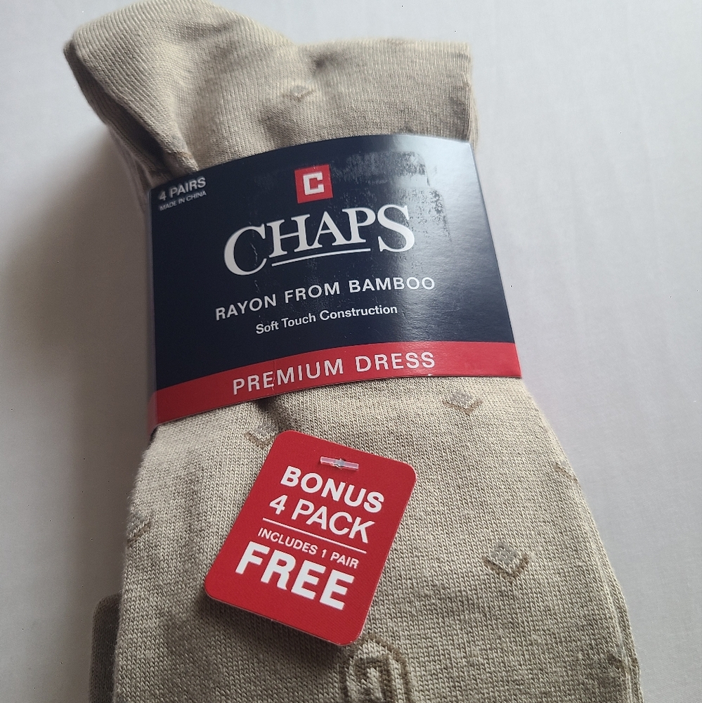 Chaps Men's Premium Dress Socks - Tan, Logo. NWT 4 Pair.